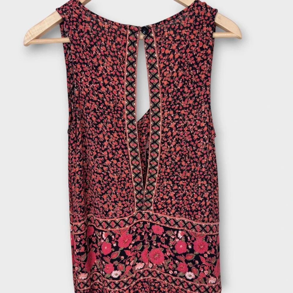 Free People Jumpsuit XS Red Black Floral‎ Wide Leg Cropped Keyhole Back Boho
